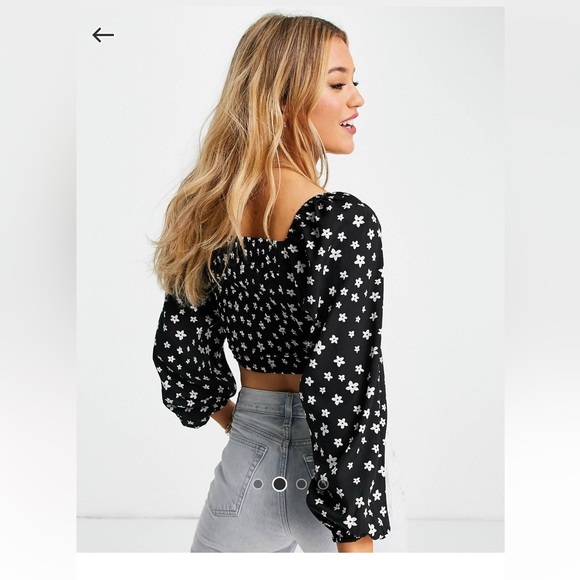 size 6 floral cropped blouse long sleeve black - Picture 2 of 7